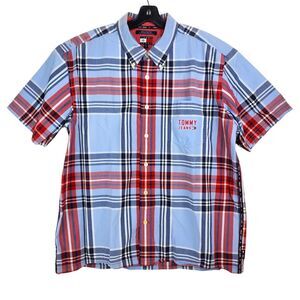 Vintage TOMMY HILFIGER Shirt Adult XXL Blue Madres Plaid Button Up 90s Y2K